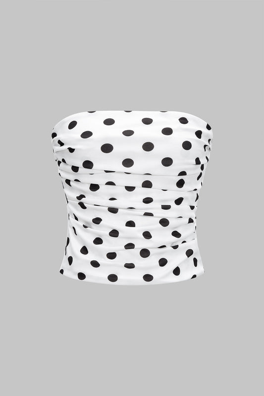 Polka Dots Print Strapless Ruched Tube Top