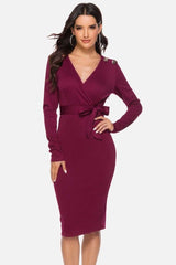 V Neck Wrap Tied Waist Slit Dress