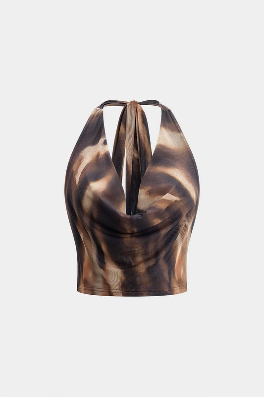 Leopard Print Mesh Backless Tie Back Cami Top