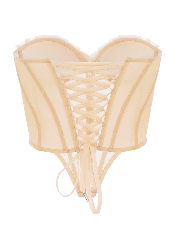 Apricot Pleated Shell Tie Back Mesh Corset Top