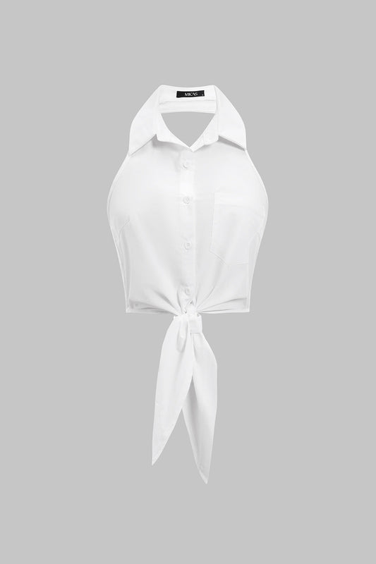 Halter Neck Button Tie Front Backless Cami Top