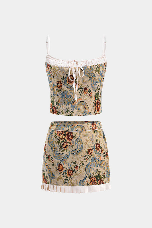 Satin Jacquard Ruched Patchwork Tie Front Zipper Slip Top And Skirt Set