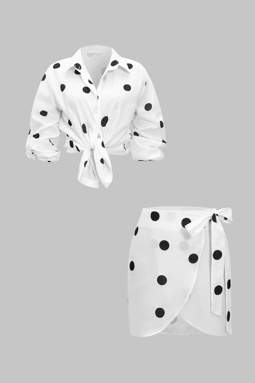 Polka Dots Print Tie-Up Detail Long Sleeve Shirt And Tie Front Mini Skirt Set