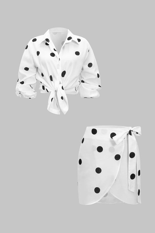 Polka Dots Print Tie-Up Detail Long Sleeve Shirt And Tie Front Mini Skirt Set
