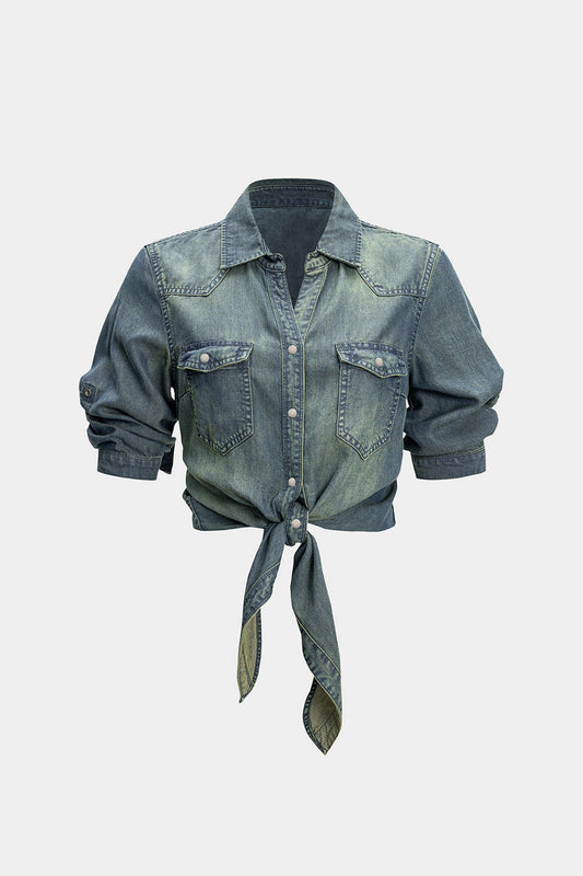 Denim Ruched Knotted Short Sleeve Shirt