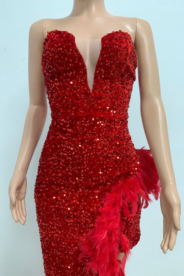 Sequin Feather Trimmed Dress