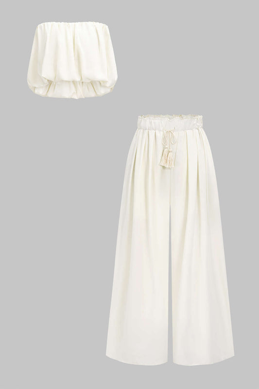 Solid Pleated Tube Top And Drawstring High Waist Wide Leg Trousers Set