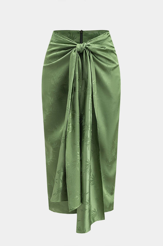 Jacquard Ruched Tie Front Slit Skirt