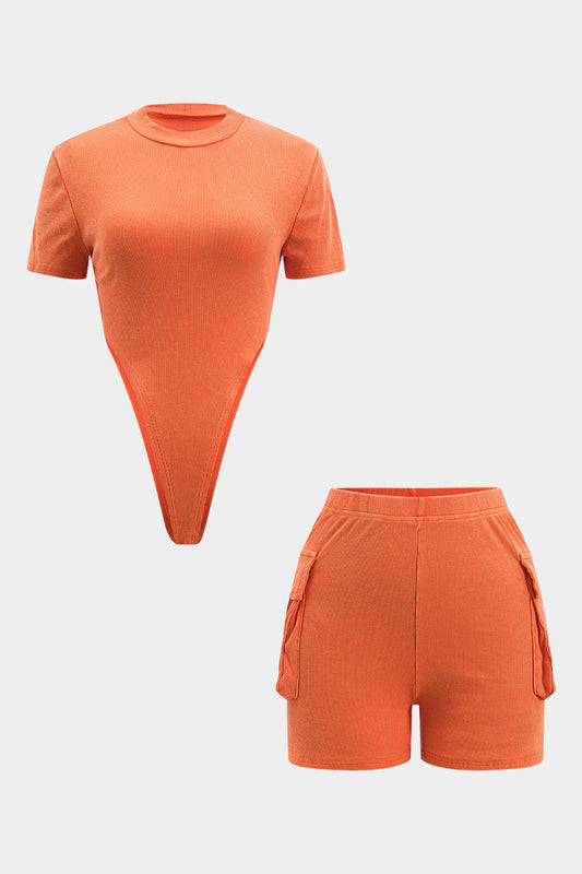 Short Sleeve Bodysuit And  Pocket Detail Shorts Set