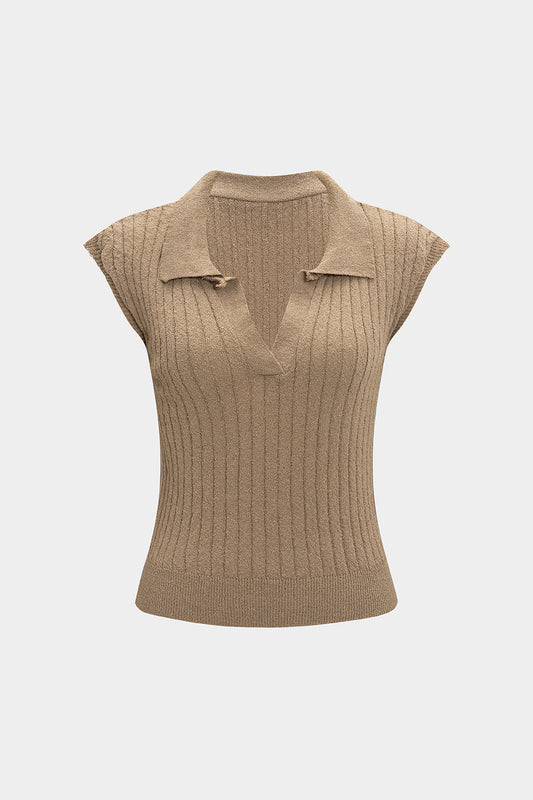 Knit Solid V-Neck Short-Sleeve Top