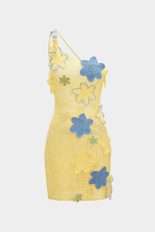 Knit Asymmetrical Beaded 3D Floral Hollow Out Backless Sleeveless Dress