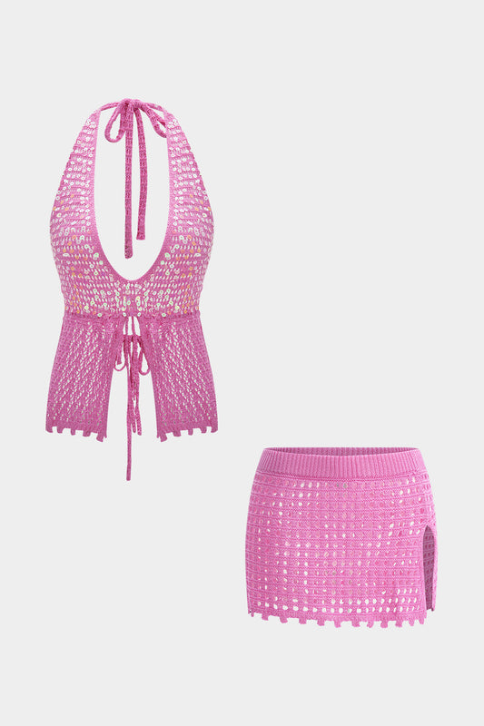 Knit Hollow Out Tank Top And Skirt Set