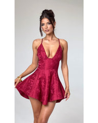 red  halter deep V dress