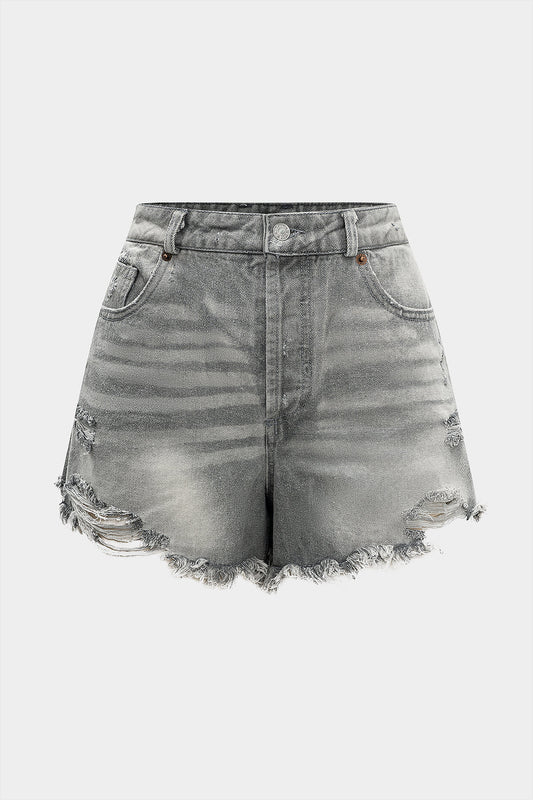Denim Asymmetrical Ripped Shorts