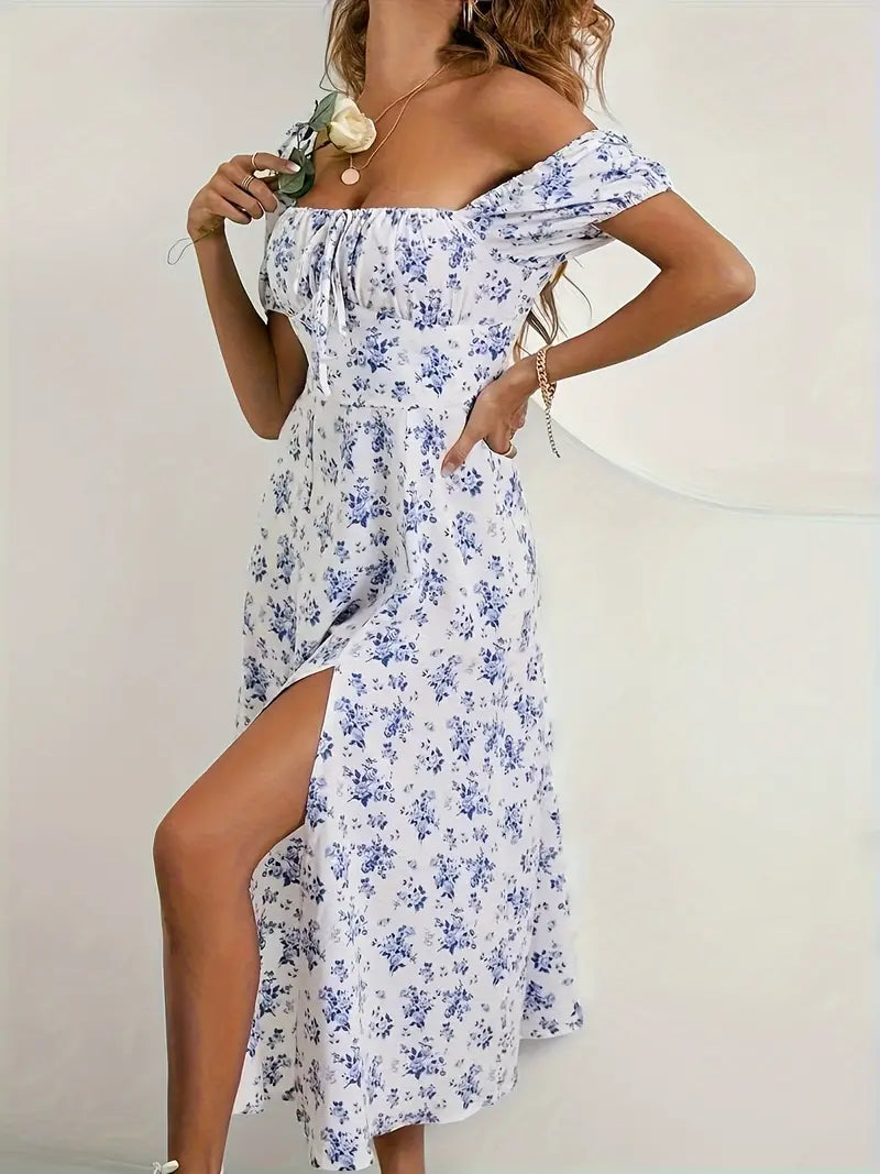 Vintage Floral Print Puff Sleeve Dress with Split