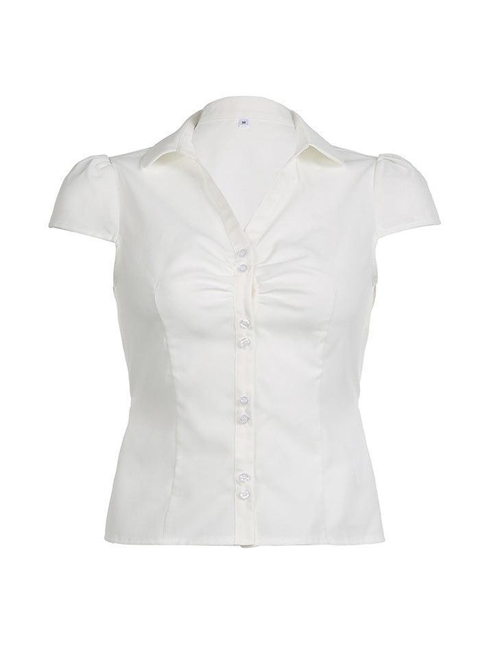 White V Neck Plain Ruched Short Sleeve Shirt