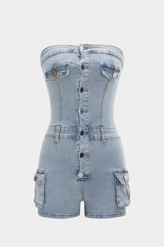 Strapless Button Denim Romper