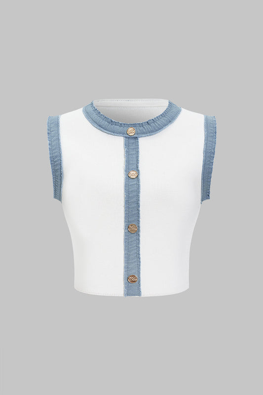 Knit Textured Button Patchwork Tank Top