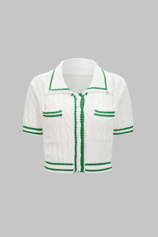 Contrast Knit Button Short-Sleeve Top