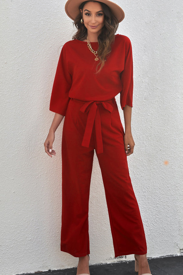 Belted Three-Quarter Sleeve Jumpsuit