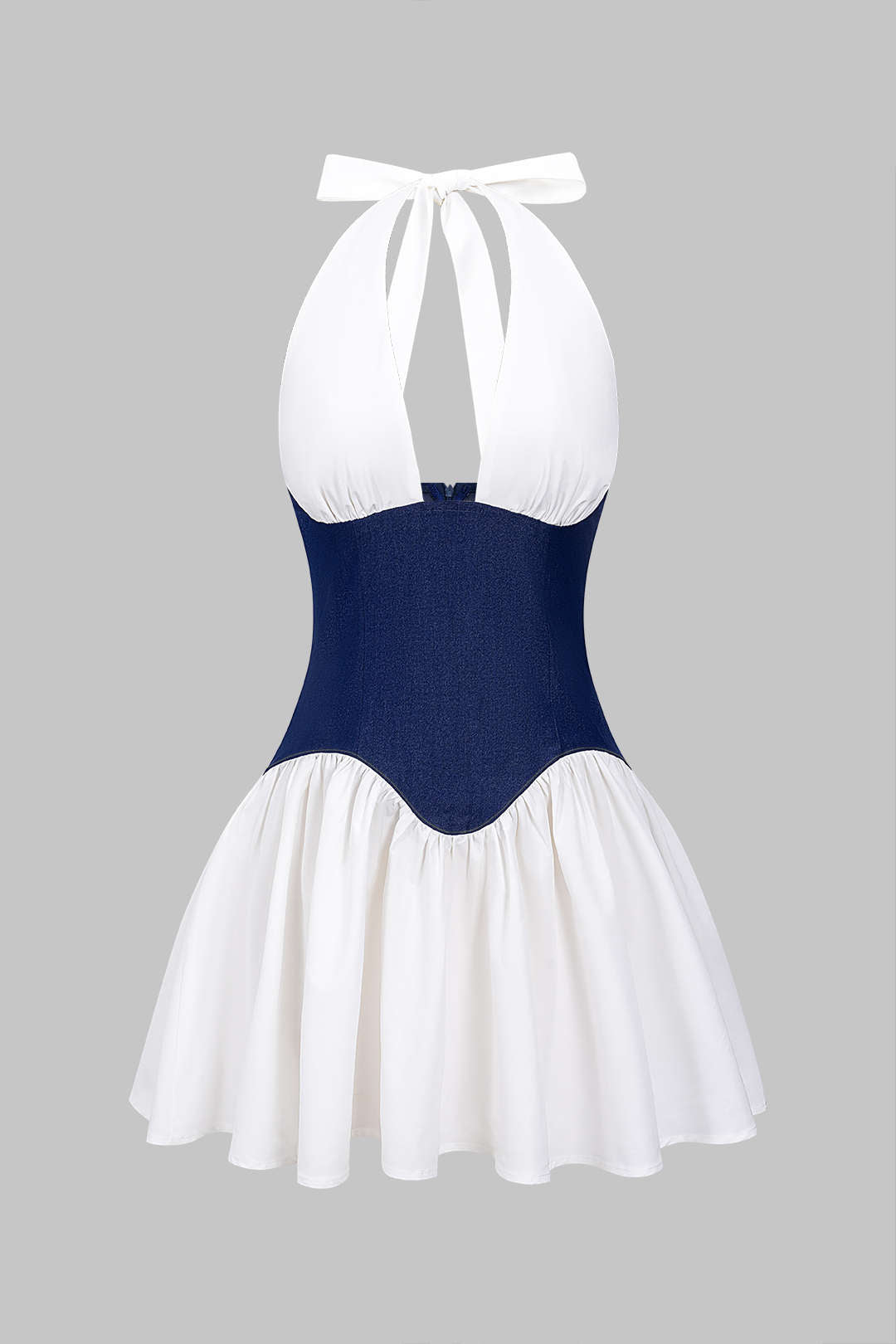 Denim Patchwork Halter Neck Backless Sleeveless Mini Dress
