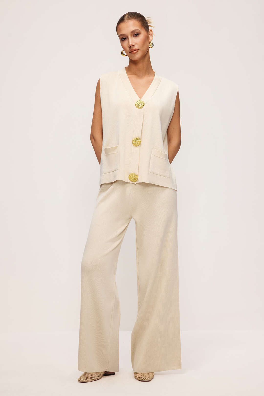 Knit Button V-Neck Vest And Pants Set