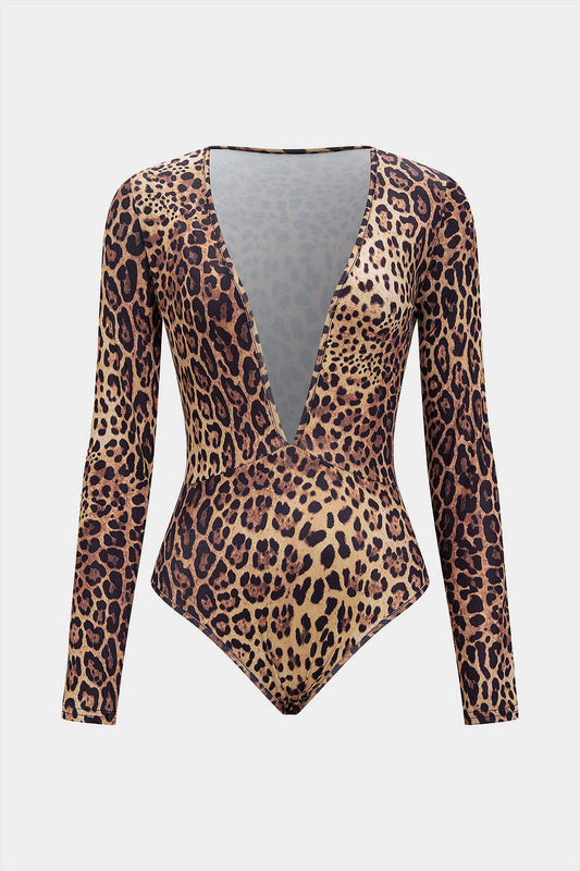 Leopard Print Deep V-Neck Button Long Sleeve Bodysuit
