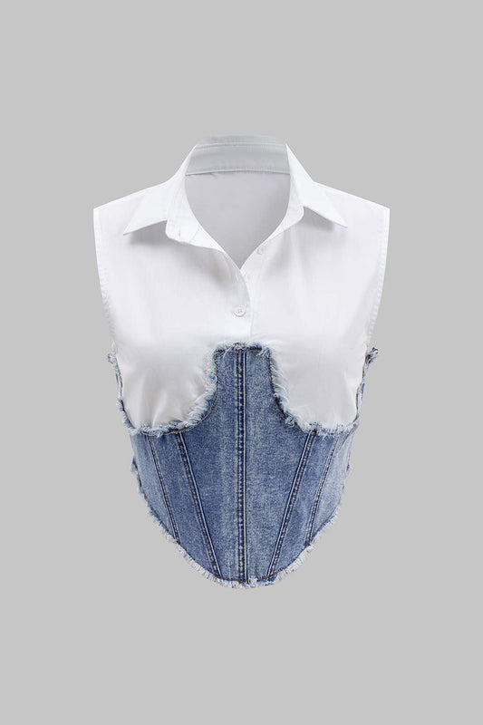 Denim Patchwork Button Corset Tank Top