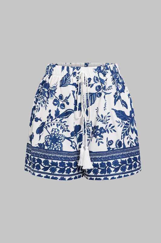 Leaf Print Contrast Tie-Up Shorts