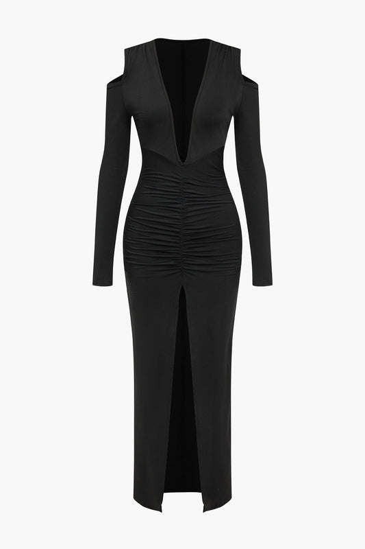 Ruched V-Neck Long Sleeve Maxi Dress