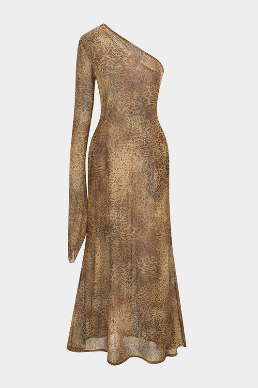 Leopard Print Chiffon One Shoulder Long-Sleeve Maxi Dress