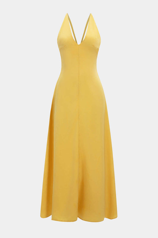Satin Backless V-Neck Beaded Sleeveless Maxi Dress