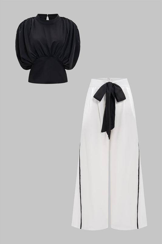 Corset Waist Pleated Short-Sleeve Top Adn Contrast Tie-Front Wide Leg Trousers Set