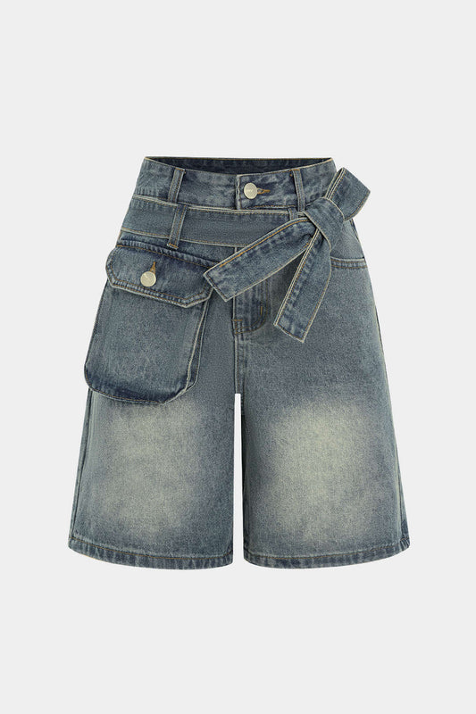 Denim Pocket Belt Asymmetrical Jorts Shorts