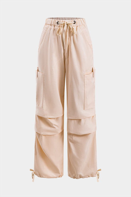 Ruched Tie Front Pocket Wide Leg Trousers