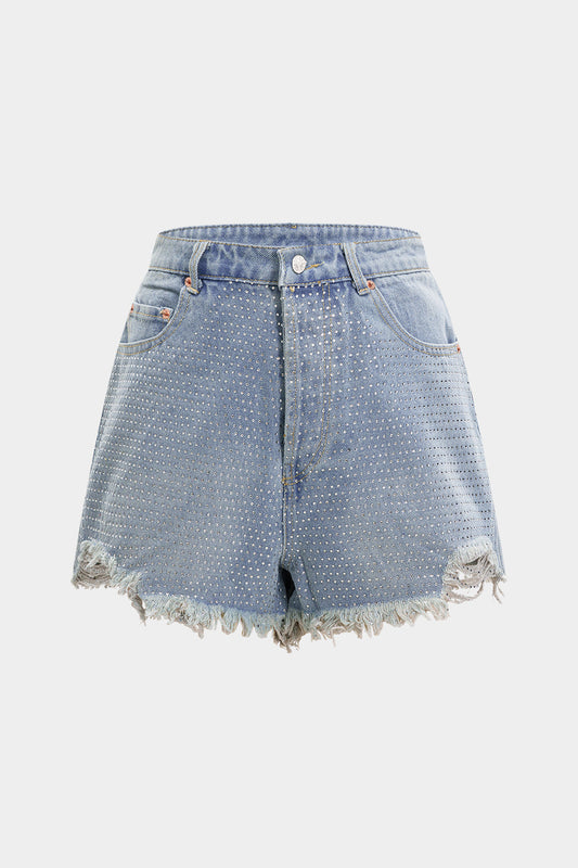 Denim Ripped Frayed Rhinestone High Waist Shorts