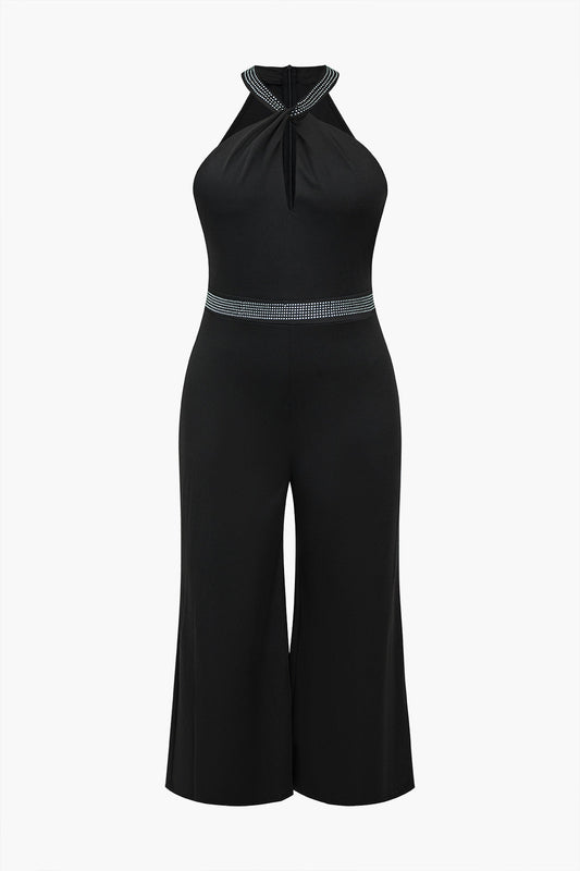 Plus Size Rhinestone Cut Out Zipper Jumpsuit