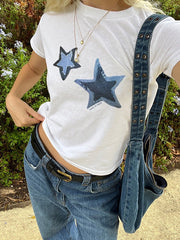 White Y2K Star Print Short Sleeve Tee