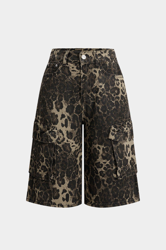Denim Leopard Print Pocket Straight Leg Jorts Shorts