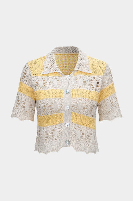 Knit Hollow Out Contrast Short-Sleeve Top