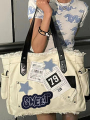 Y2K Large Sticker Canvas Bag with Star Patches