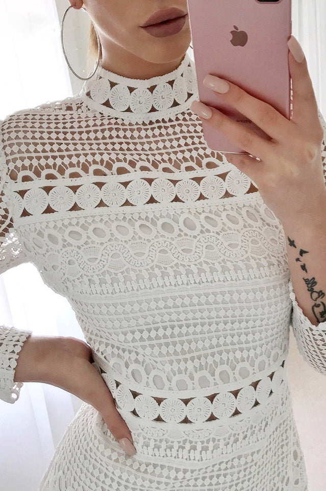 High Neck Short Tight White Lace Dress