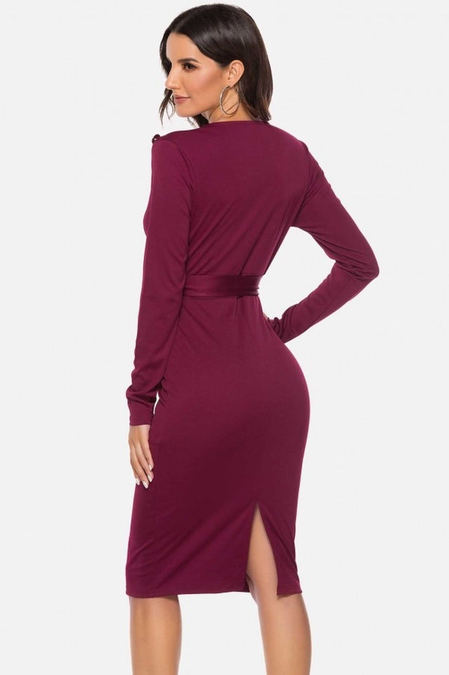 V Neck Wrap Tied Waist Slit Dress