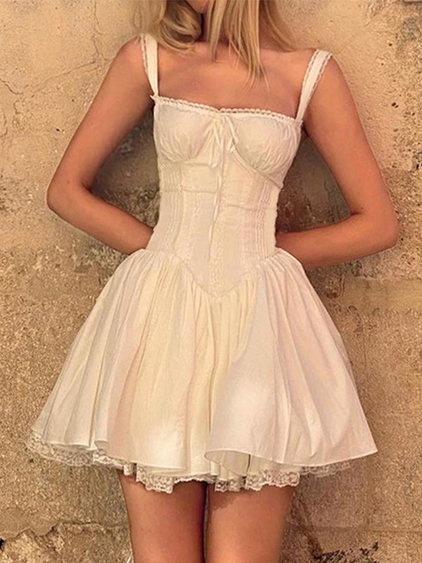 White French Sweet Lace Panel Pleated Dress