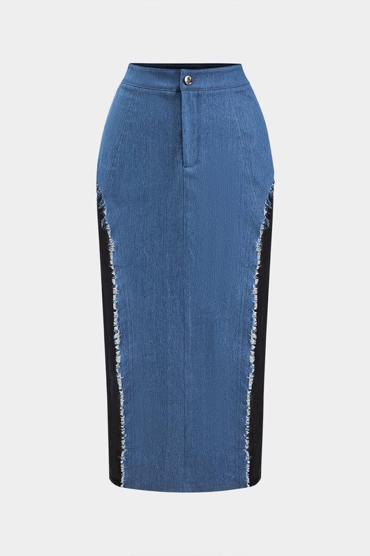 Denim Contrast Mesh Patchwork Skirt
