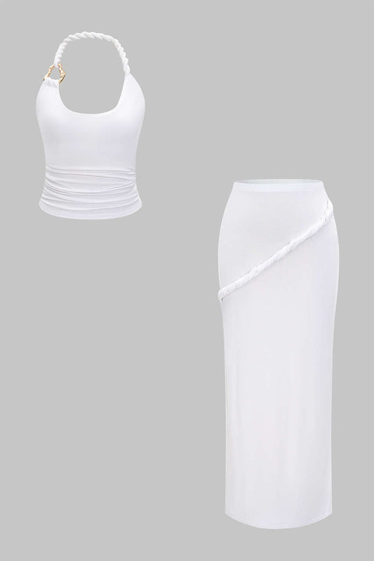 Asymmetrical Twist Knot Metallic Skirt Set