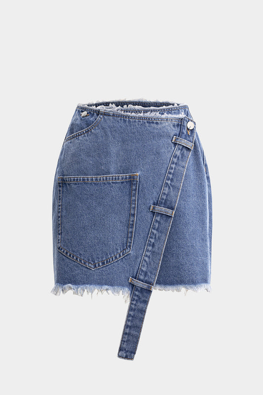 Denim Asymmetrical Pocket Frayed Skirt