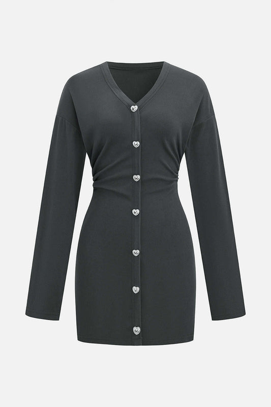 Button V-Neck Long Sleeve Mini Dress
