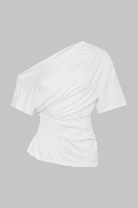 Ruched Asymmetrical Neck Short Sleeve T-Shirt