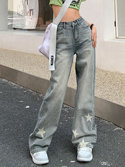 Light Blue Vintage Distressed Star Print Wide Leg Jeans